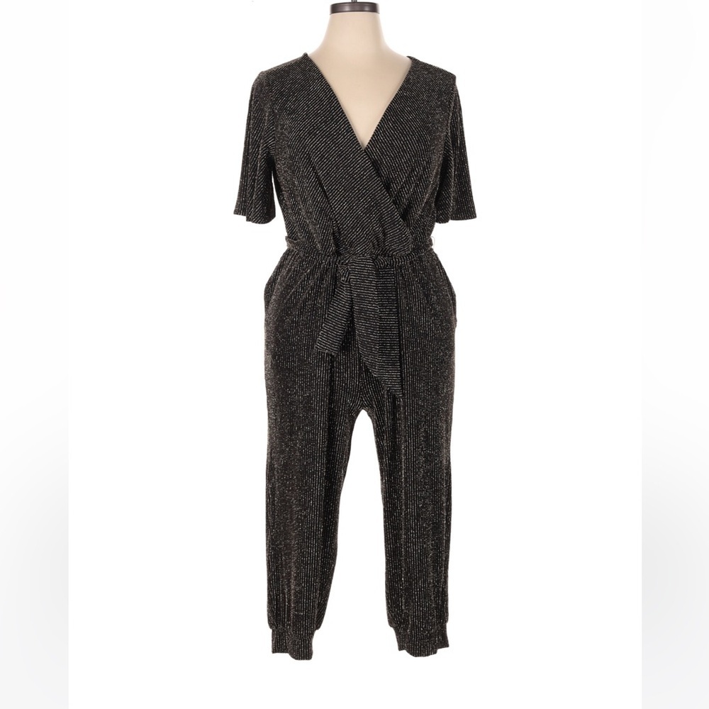 NWT Torrid Black Gold Shimmer Jumpsuit 1X Surplice Wide Leg Evening Formal - Picture 2 of 5